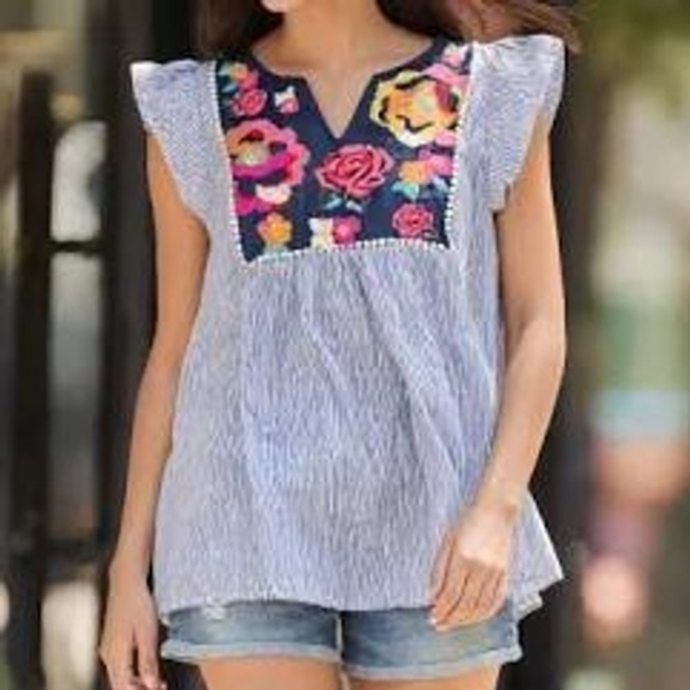 080 Savanna Jane Floral Embroidered Babydoll Top (Large, EUC)